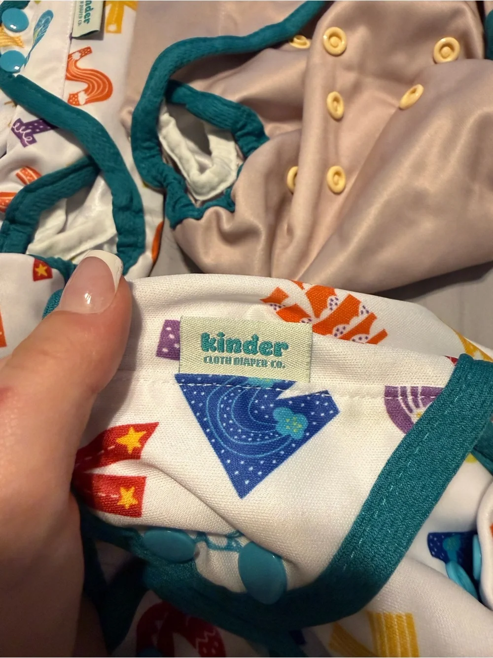 Adjustable Kids Diaper Cover - Teal Trim with Multicolor Alphabet & Solid Beige